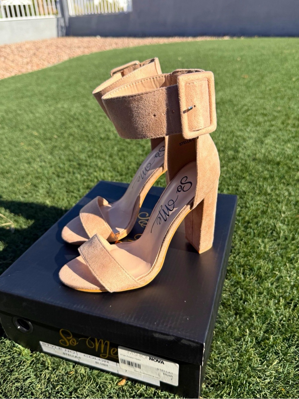 So Me Beige Suede Strappy Open Toe Ankle Strap Buckle Block Heel